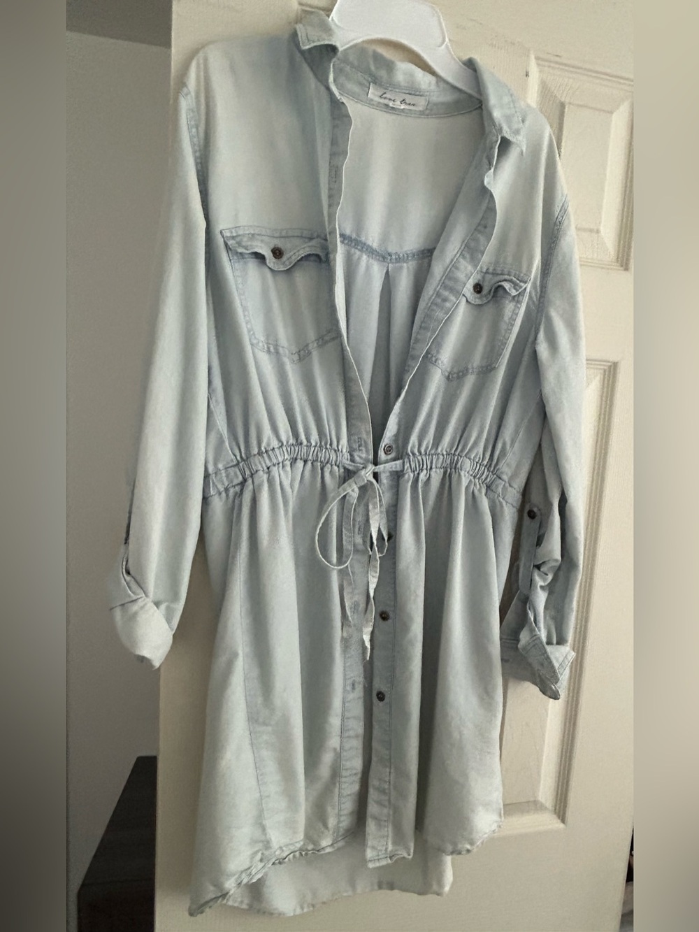 Love Tree Light Blue Denim Shirt Dress with Drawstring Waist